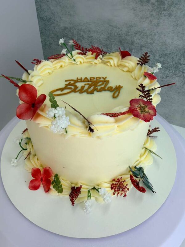 Elegant Floral Birthday Cake with Gold Topper
